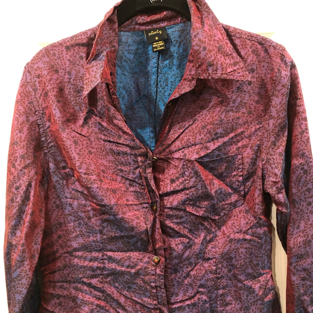 Plenty by Tracy Reese. Silk Plum & Blue Button Down Shirt.